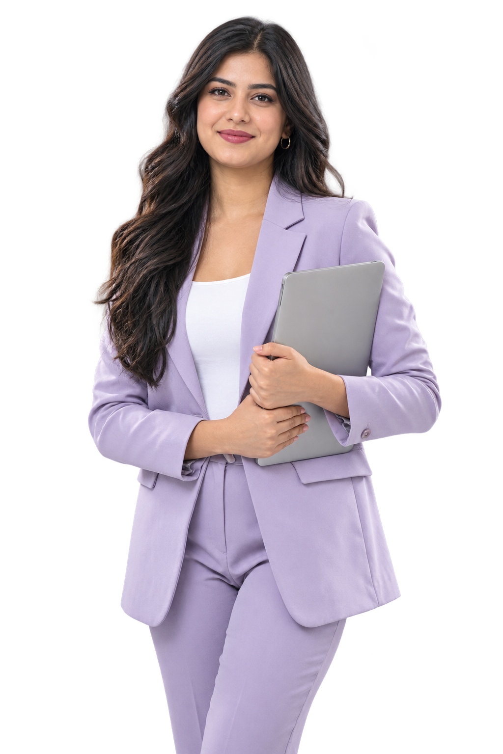 A professional candidate holding a laptop